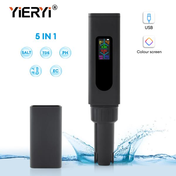 Testeur de qualité de l'eau 5-en-1 rechargeable par USB, écran couleur, TDS, sel, CE, pH, température