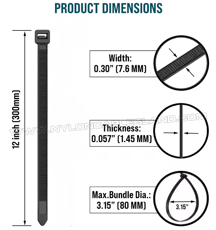 High Heat Resistant Nylon 46 (Polyamide 46, PA46) Cable Tie, 300mm x 7.6, 130LBS / 560N, For High Temperature Environments