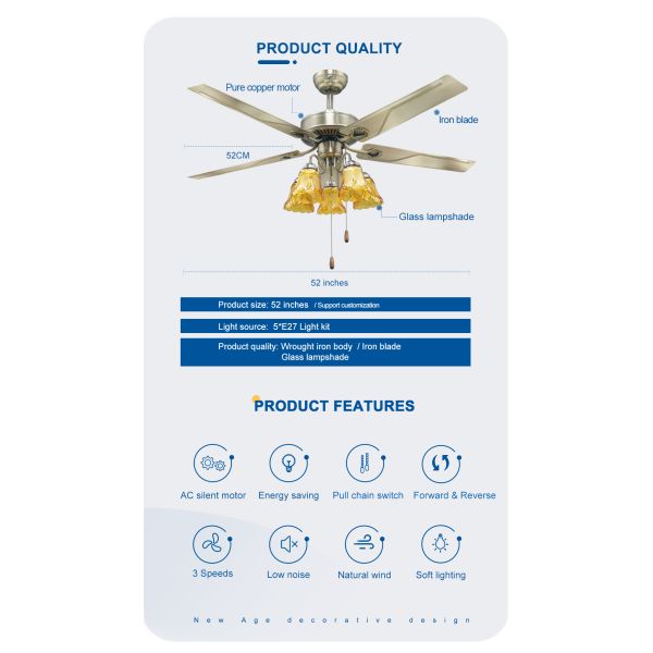 Ventilador de techo de cuchilla de metal de 110V con luz de 52 pulgadas y motor AC