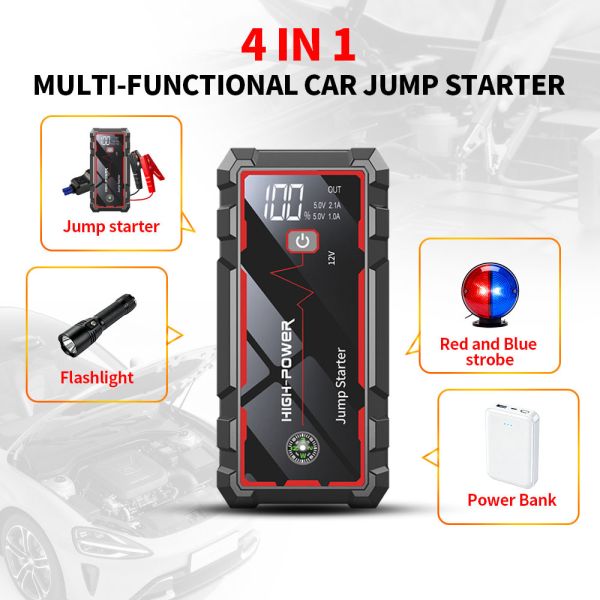 6400mah 12V Portable Car Battery Jump Starter Power Station With LED Display Multi Function Smart DigitalEmergency Car Jump Starter with LED Light, Warning Light, SOS & Portable Rechargeable Design