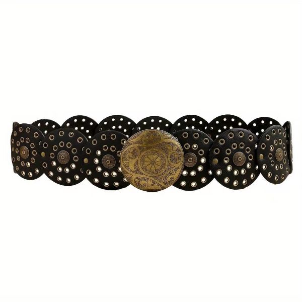 Vintage baddie, Y2K subculture, disc hook faux leather, retro rivet patchwork alloy belt, wide belt