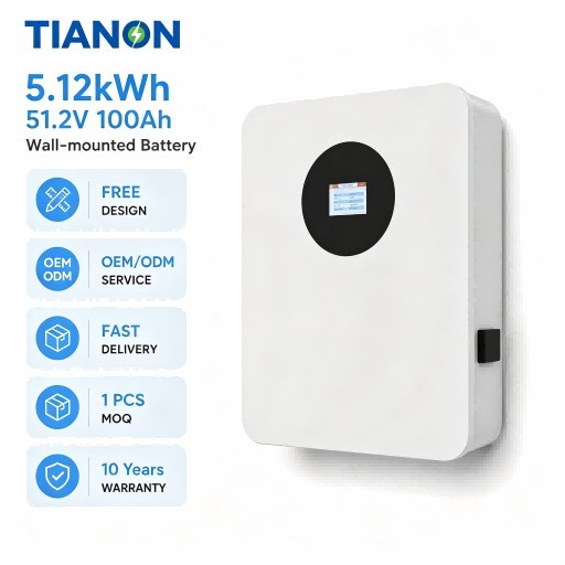 51.2V 100Ah 5.12kWh Wall Mounted LiFePO4 Powerwall Residential Off Grid Solar Household Home Energy Storage Battery - Tianon