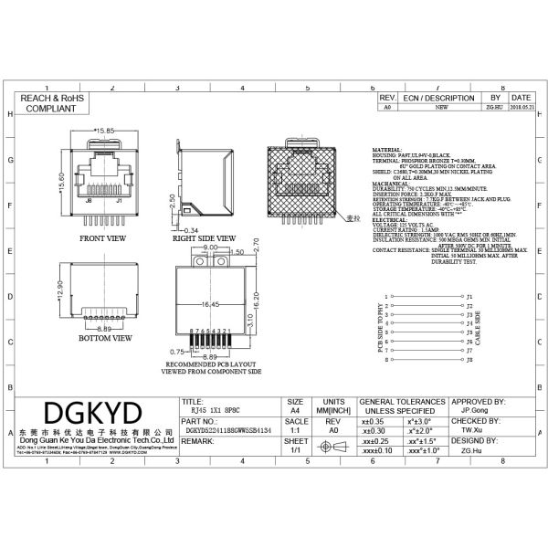 DGKYD52241188GWW5SB4134 SMT Single Port RJ45 Connector 180 градусов без светодиодов