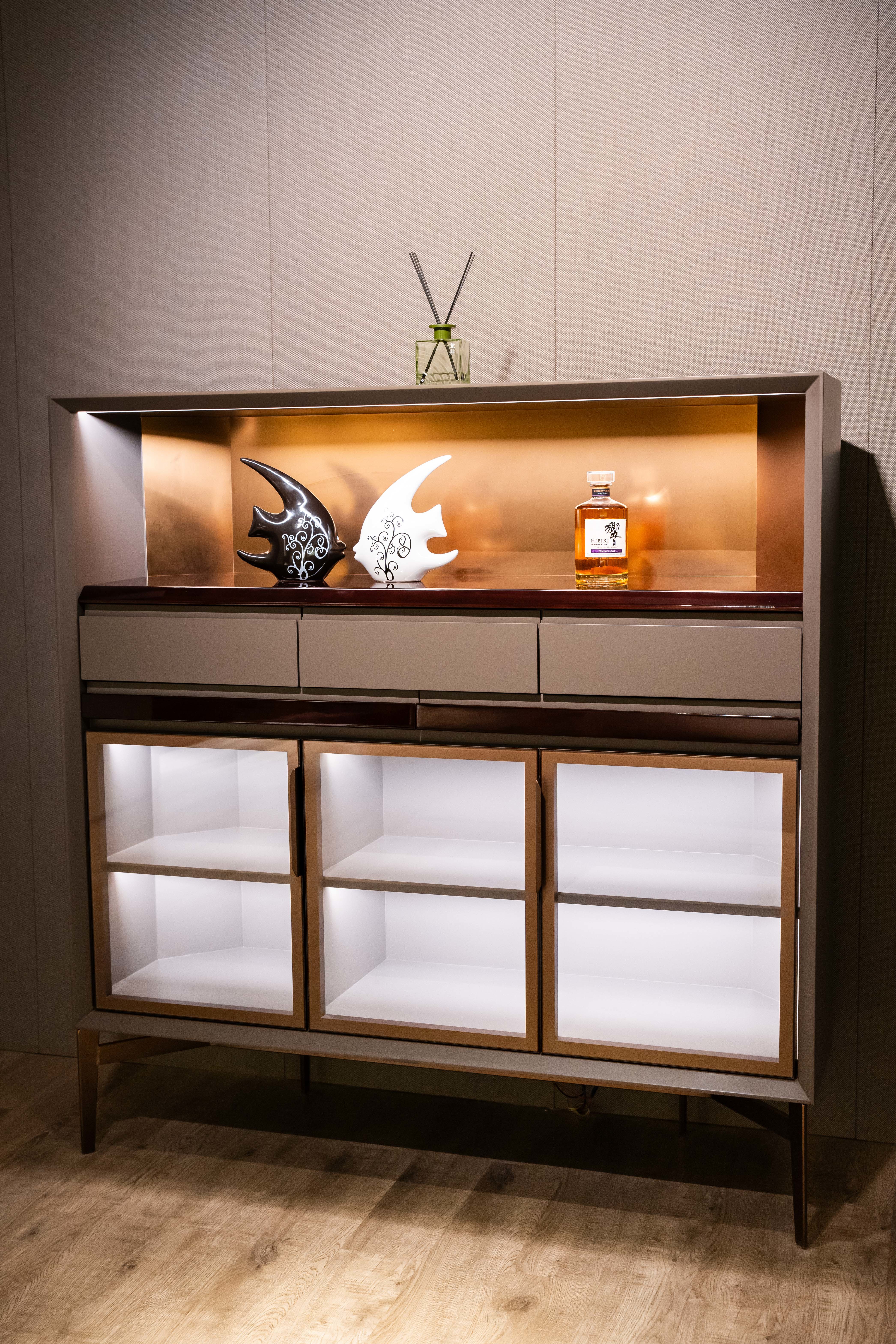 Modern LED Sideboard Cabinet, Metal‑framed Glass Door Buffet Cabinet with Open Display Niche, Storage Credenza for Living Room