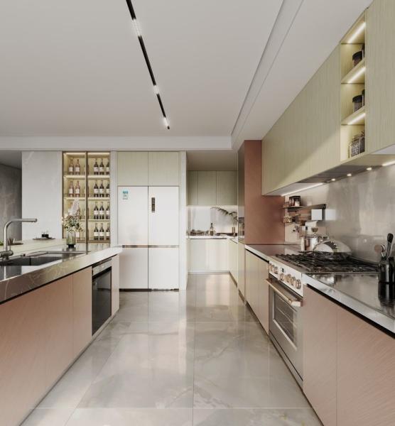 Élégante armoire de cuisine en acier inoxydable avec l' or rose et le grain de bois