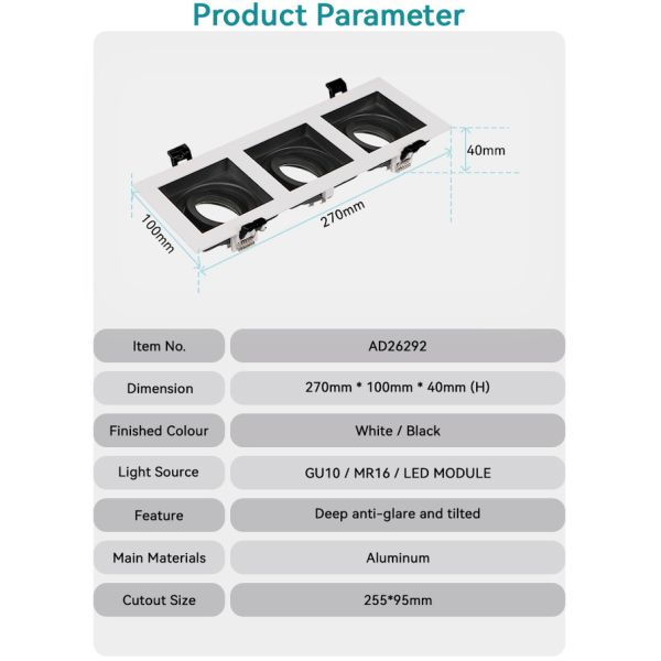 Recessed Spotlight Downlight Frame Triple-head GU10 MR16 Commercial Adjustable