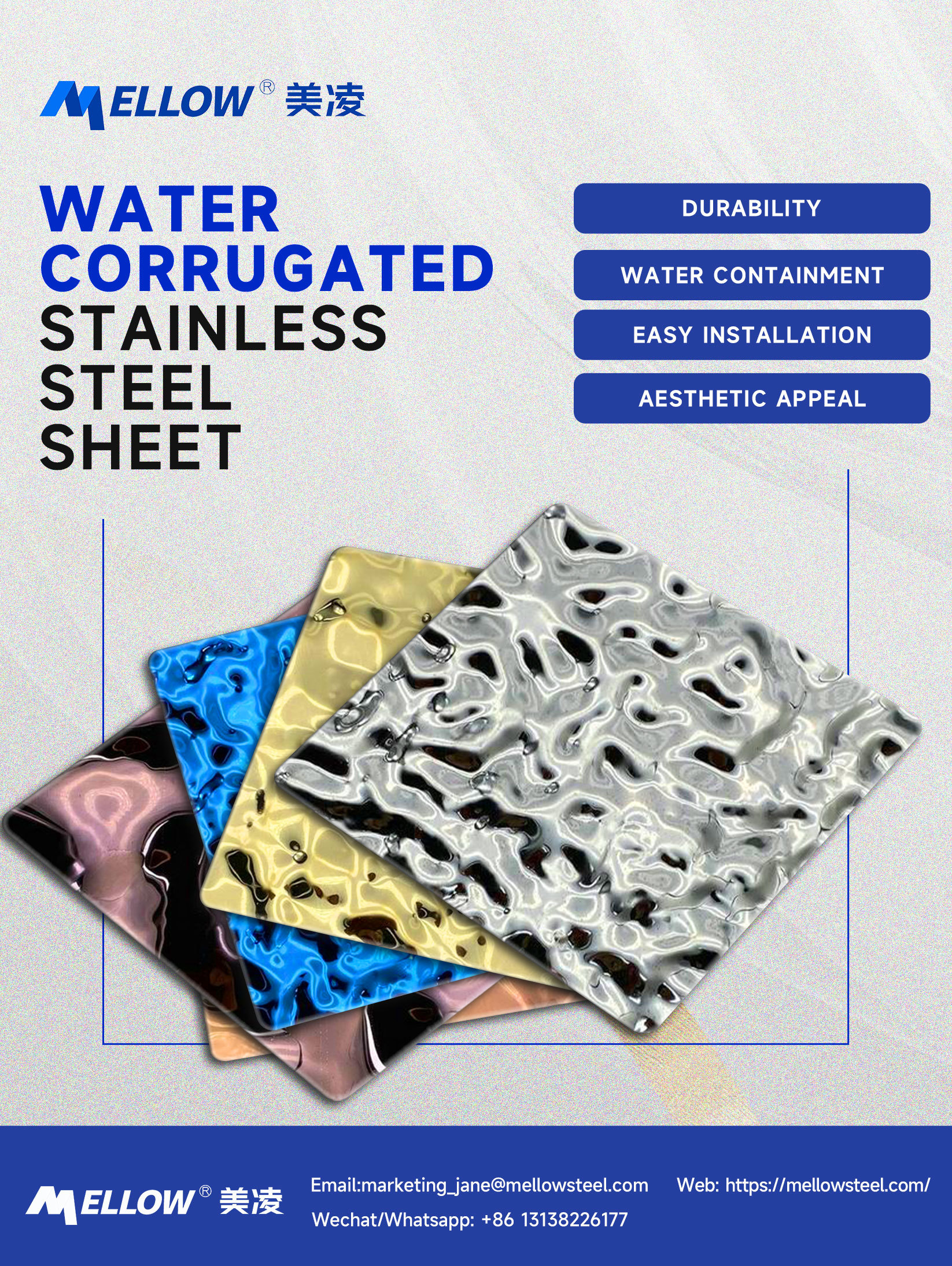 Placa de acero inoxidable con relieve de ondulación de agua de color azul 201 304 316