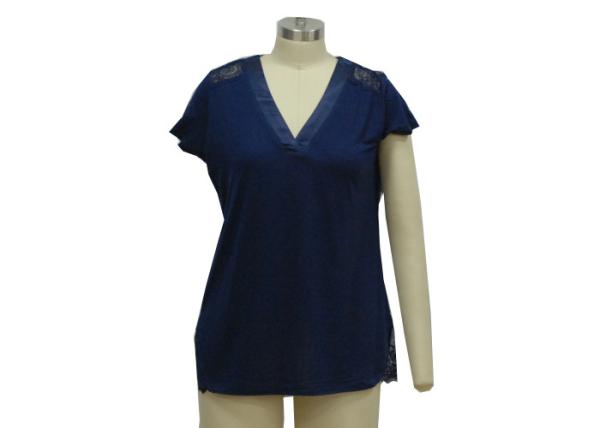 Navy Blue V Neck Short Sleeve T Shirt  , Plus Size Womens Dressy T Shirts Lace Shoulder