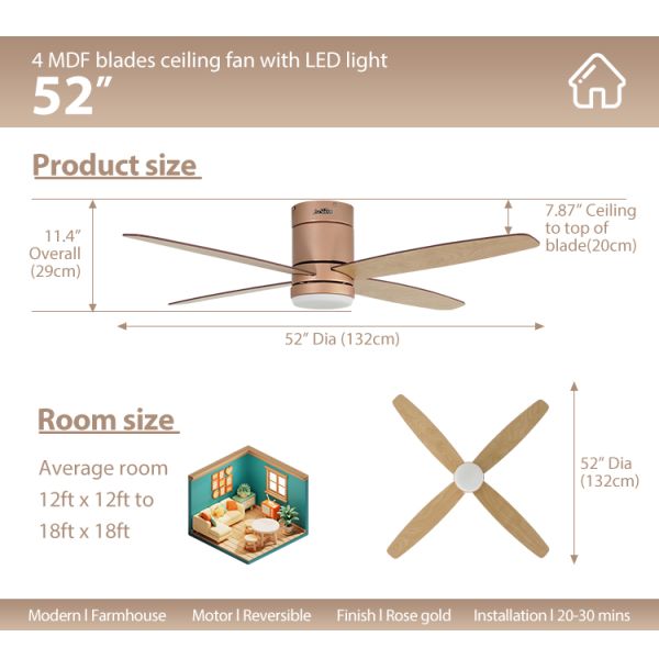 Ventilador de teto LED de 4 lâminas para interiores com iluminação apagável de 110-230V a comando remoto