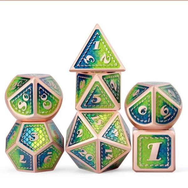 Dragon Scale Solid Metal Dice Set Multi Color DND RPG Bright Colors