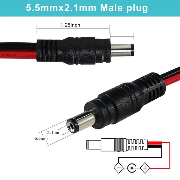 DC Male Plug to Tinned Wire Power Cable, 5.5x2.1mm or 5.5x2.5mm, 12V DC Power Adapter Cord for CCTV, LED, DIY