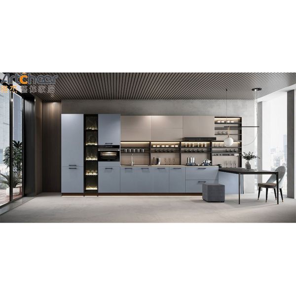 Modern L Shape Peninsula Kitchen Cabinet with Lacquer Finish Handless Door and Soft Close