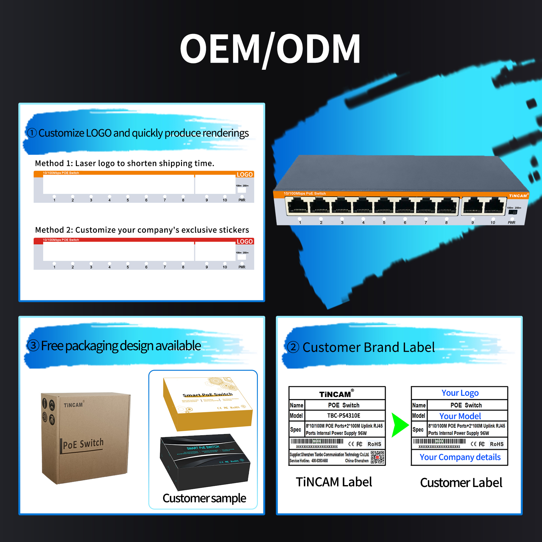 8-Port 10/100Mbps PoE Switch with 2 Uplink Ports 250m Extend VLAN IEEE 802.3af/at 96W Built-in Power Supply Unmanaged Metal Network Switch TBC-PS4310E