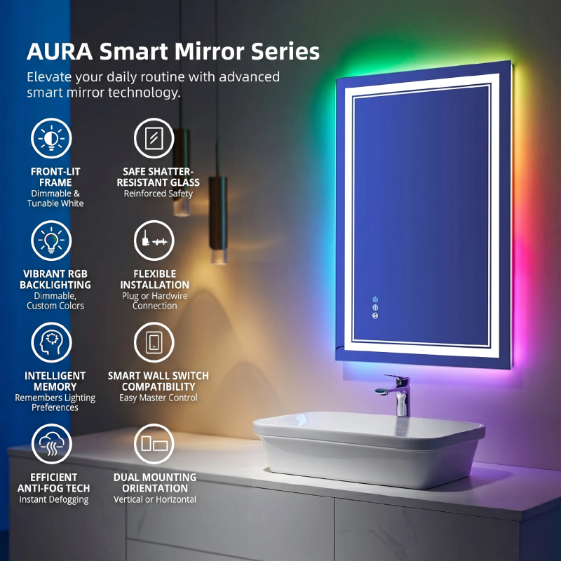 Kingstin Frameless LED Bathroom Mirror with RGB Backlight, Anti-Fog Wall Mounted Smart Vanity Mirror with Touch Control