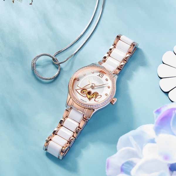 Ladies Manual Wind Up Watches Mechanical Fashion Skeleton Steel Ceramic Watch