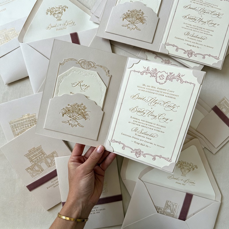 Wedding Invitation Suites With Velvet Ribbon Pocket And Foil Stamping