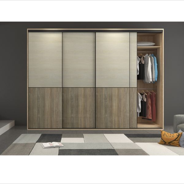 Modern Home Bedroom Wardrobe Closet Wood Grain Timber Veneer Sliding Door Cabinet With Dresser