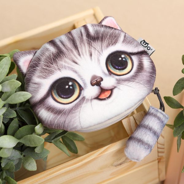 Customized Color Plush Make-up Bag with 3D Cat Coin Purse and Animal Print Tail Zipper