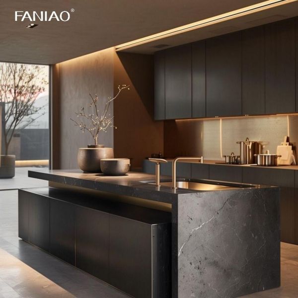 Custom Modern Design Glossy Lacquer Grey Kitchen Cabinets Set With Island