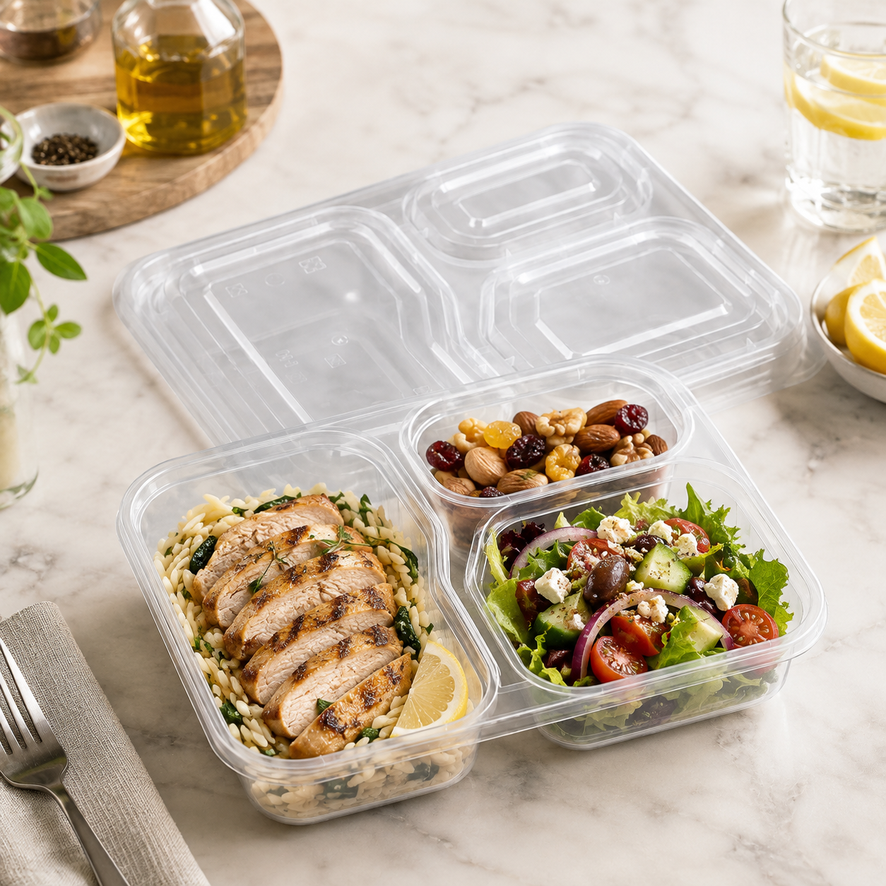 Catering Three Section Clear PP Compartment Food Containers for Meal Prep