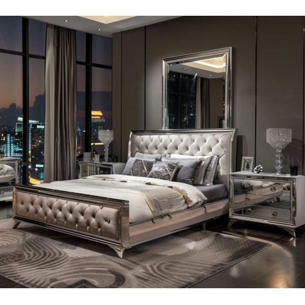 Bedroom Set Specific Mirrored Modern Style Queen Size Bed Furniture With Contemporary Design