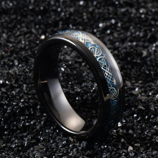 Dome Black Ceramic Wedding Band 6mm Blue Carbon Fiber And Dragon Inlayed Polished