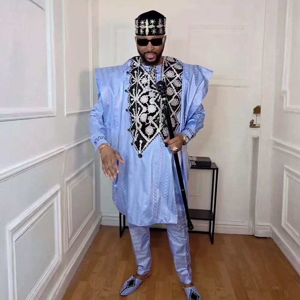 Men’s African Traditional Agbada Set with Premium Embroidery Decoration and Lightweight Breathable Material in West African Style