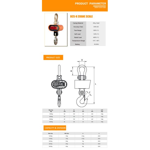 Overhead Heavy Duty Crane Scale 10000 Kg Voltage Display OCS-K Cast Aluminum