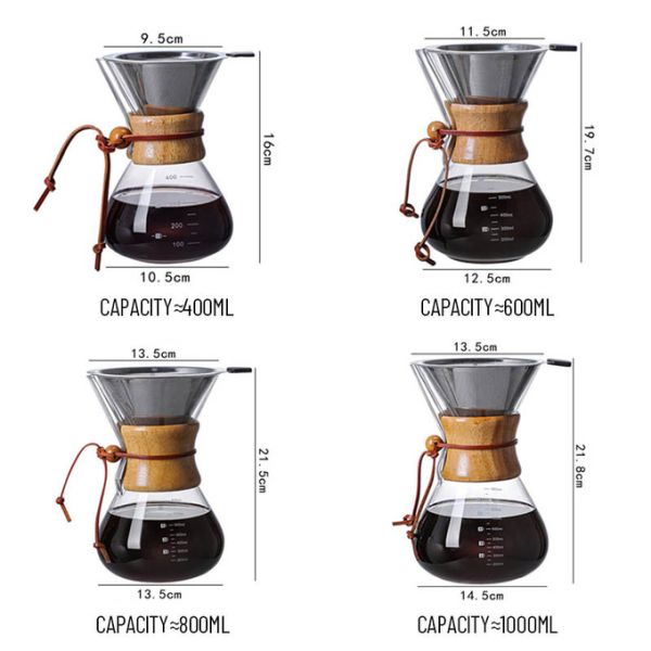 B2B 400 ml de vidrio personalizado vertido sobre la cervecera de caféFiltro de acero inoxidable y manga de maderaCamping cervecera