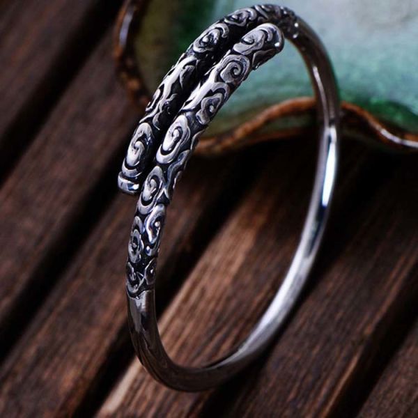 Adjustable Retro Vintage Sterling Silver Cuff Bracelet Engraved Clouds(054565)