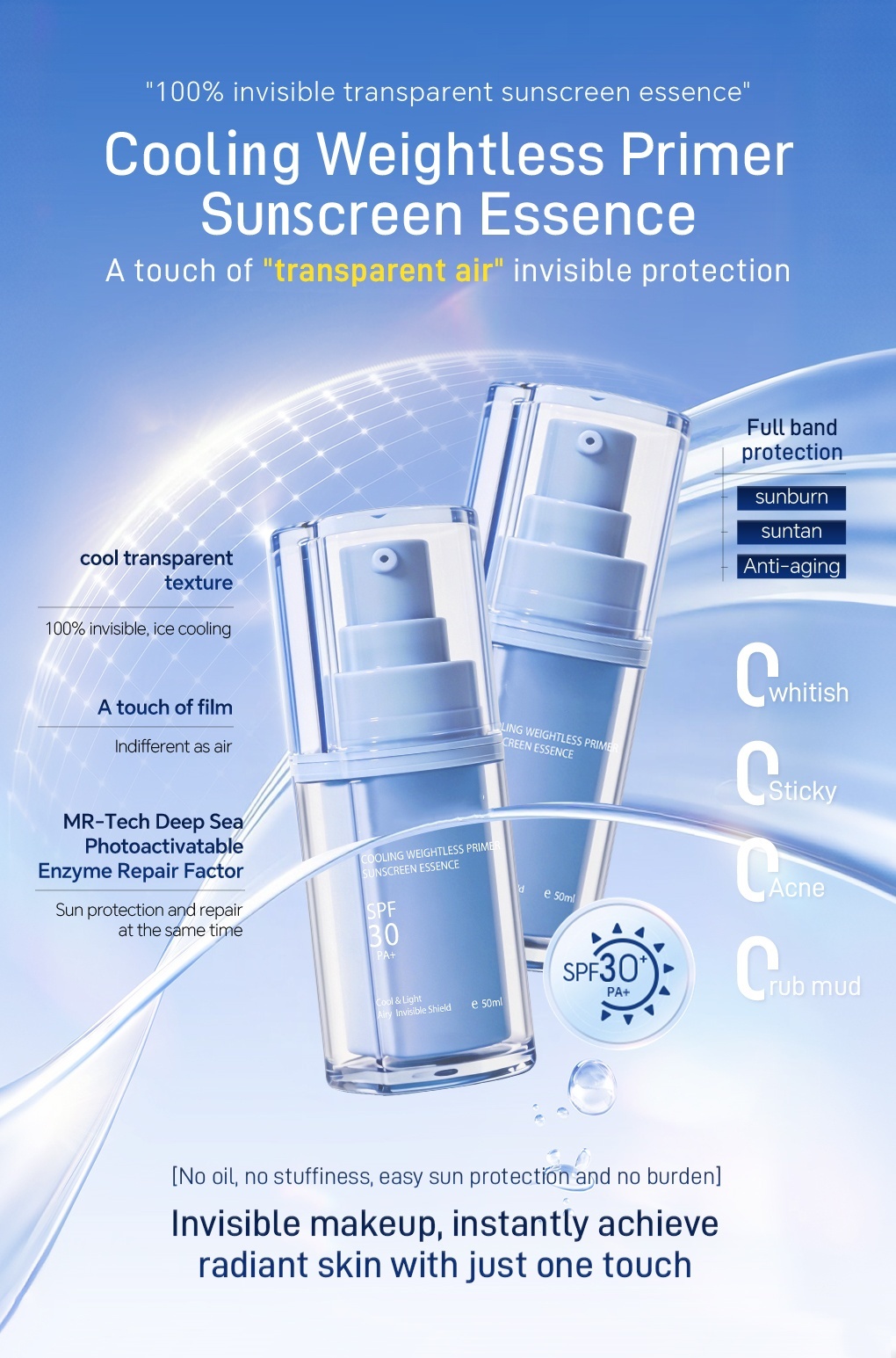 OEM ODM Korean skin care facial essence enzyme sunscreen SPF 50 PA cold ultraviolet protection hyaluronic acid facial essence