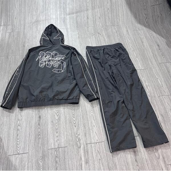 Custom Windbreaker Hoodie Jacket In Nylon Fabric With Screen Print Logo And Reflective Rhinestone Patches