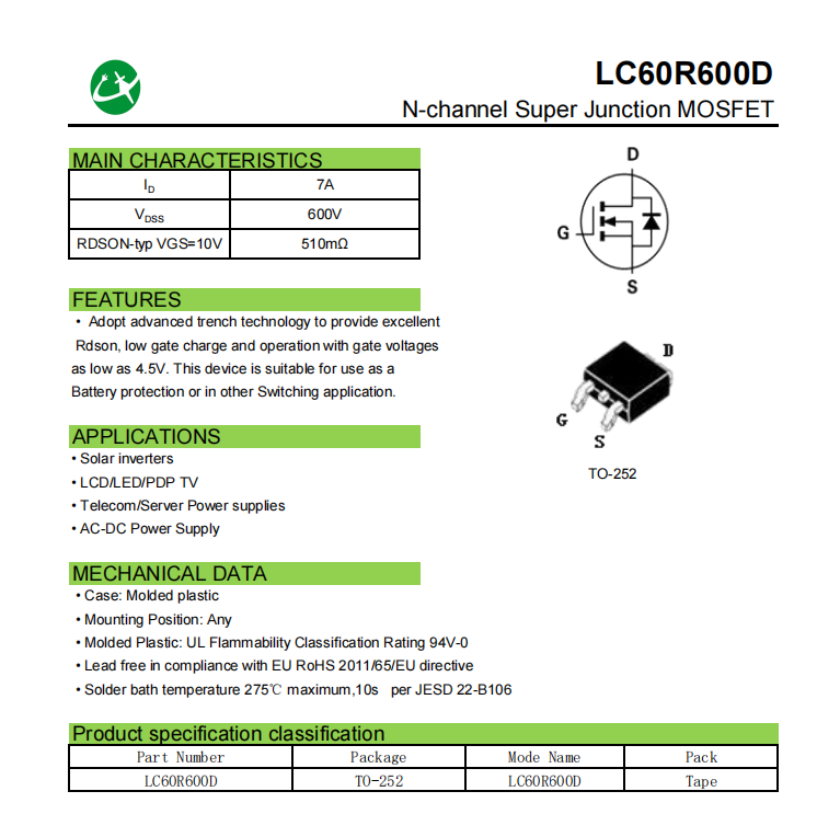 Surface Mount 7A 600V Super Junction MOS For AC-DC Power Supply