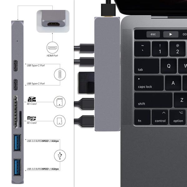 Aluminium USB Hub 7 Ports Dual Type C Docking Hub for Macbook Pro