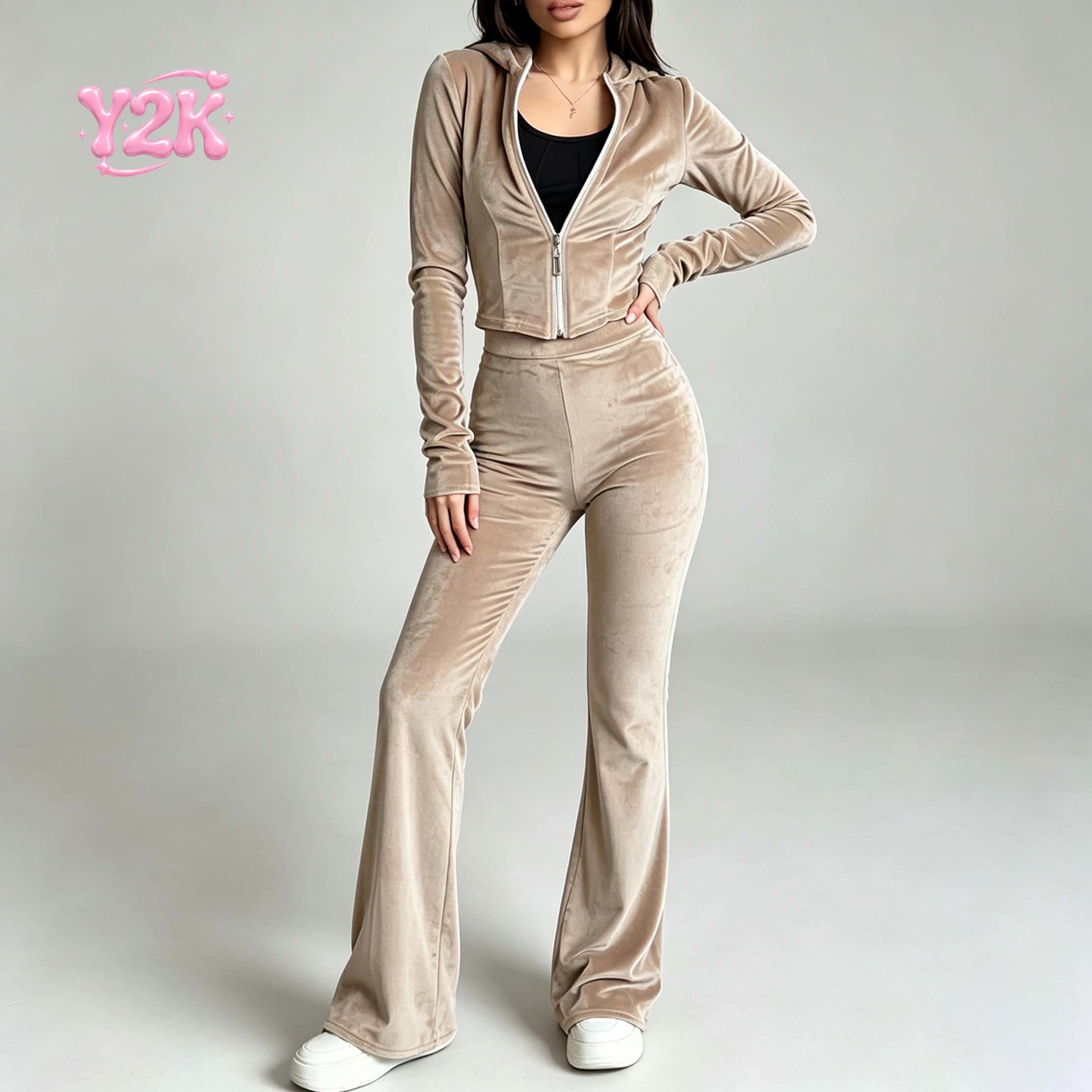 Custom Women's Velvet Cropped Hoodie Wide Leg Pants Set