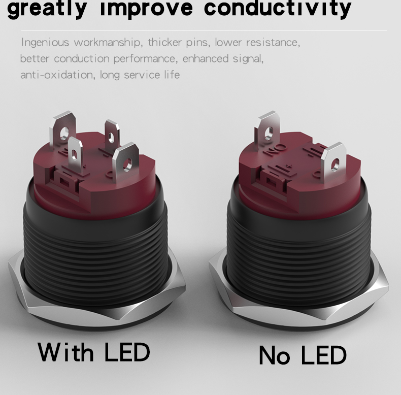 HongYe 22mm Metal Push Button Switch 15A High Current Alumina Black Housing Self-Locking Momentary 1NO IP65 Max 220V LED Ring