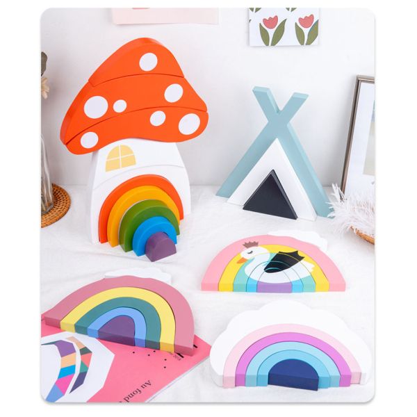 Игрушки Montessori не токсического штабелеукладчика радуги 22cm деревянные творческие деревянные