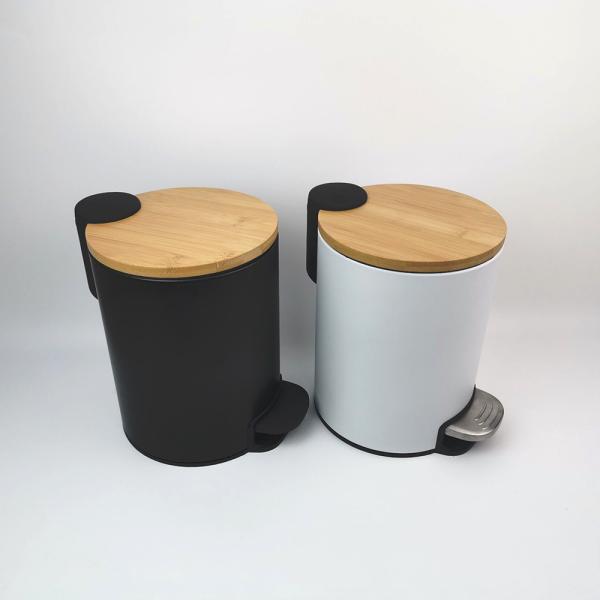 3L 5L Small Round Fingerprint-Proof Black Metal Step Trash Can with Bamboo Lid