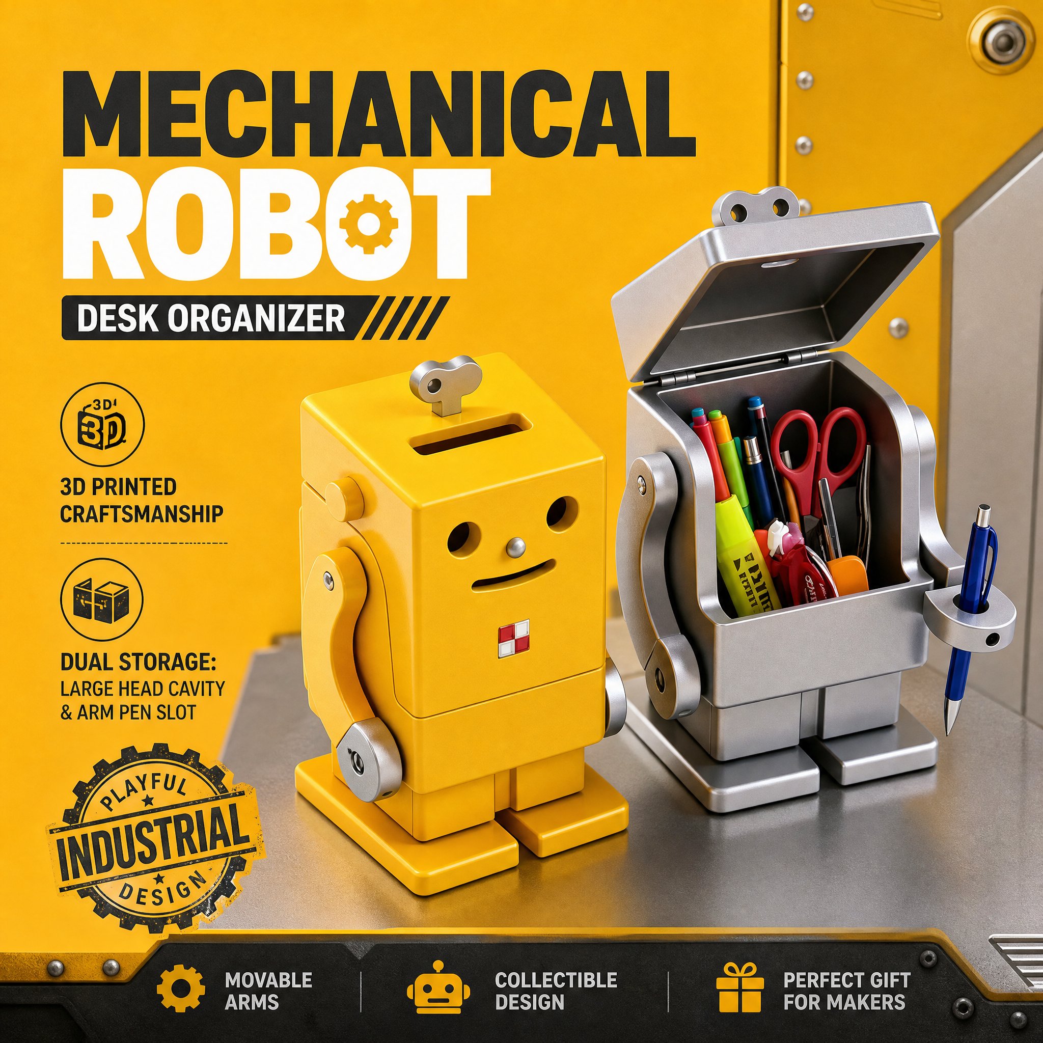 Mechanical 3D Printed Custom Robot Shaped  Dual Storage  Office Pen Holder