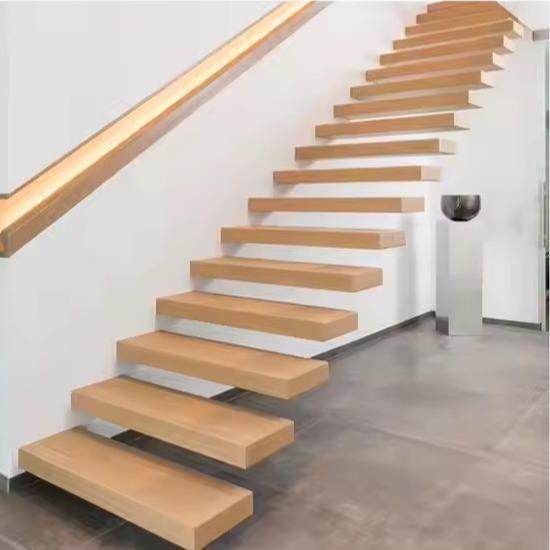 Wall Mounted Hidden Beam Red Oak Wooden Staircase Villa Open Riser Floating Stair With Lights