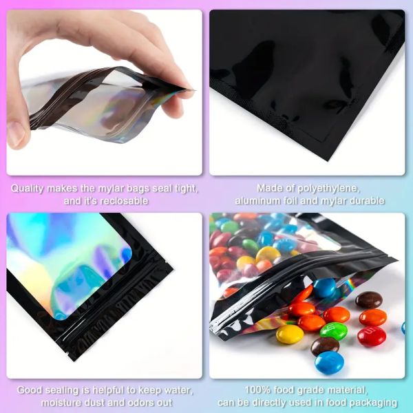 Resealable Ziplock Small Business Sealable Plastic Bag Custom Print Pink Holographic Flat Mylar Packaging Zip Pouch