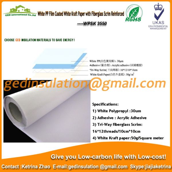White PP film coated White kraft paper with fiberglass scrim reinforced
