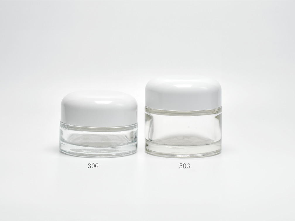 Classic 1oz 1.7OZ Flint Cylindrical Glass Cosmetic Jar With Dome Plastic Lid, Low Profile Glass Cosmetic Jars Supply