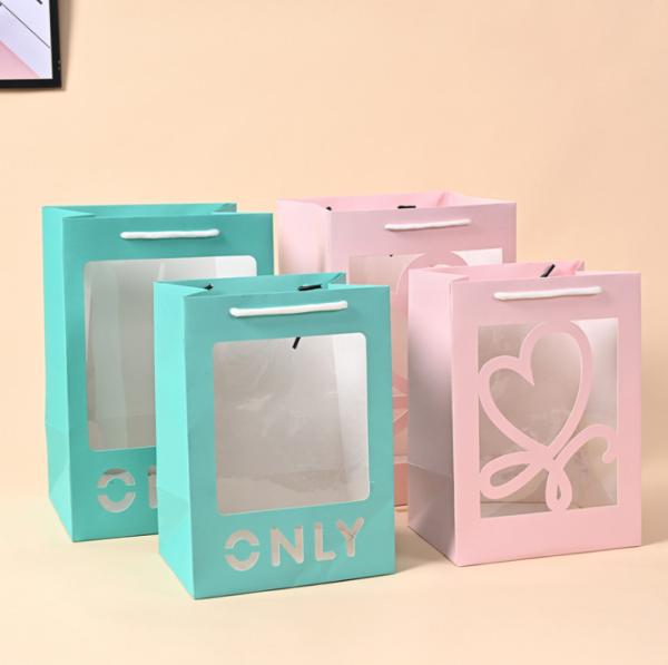 Blue PVC Window Cardboard Gift Bags With Laser Cut Love Recyclable Tote With Handle