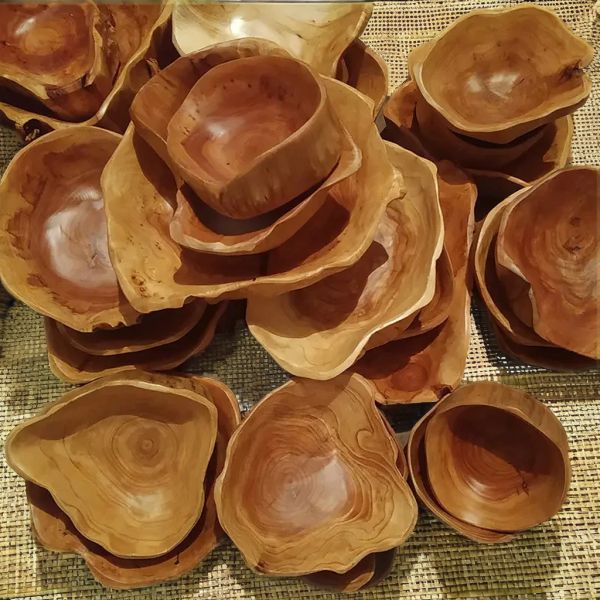 Farmhouse Decor Wooden Carving Plates and Bowls with Fruit Candy Nuts Utensils Rustic