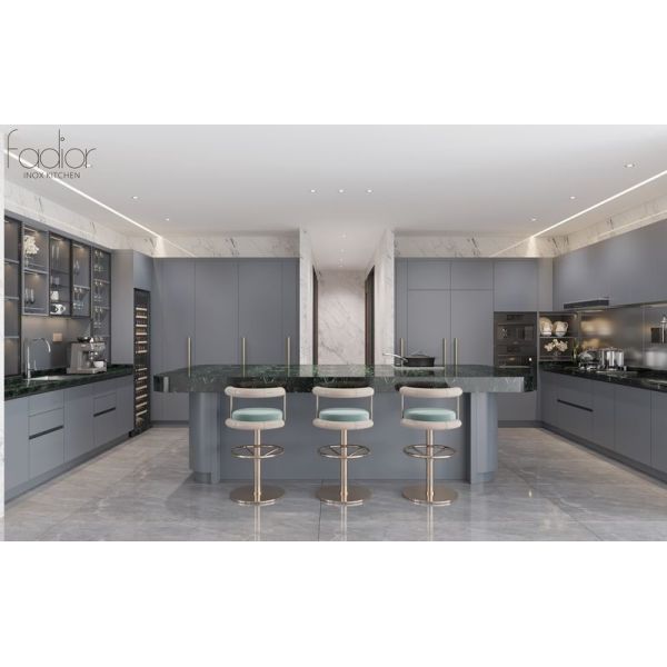 Modern U-Shaped Grey Stainless Steel Kitchen Cabinet With Marble Finish
