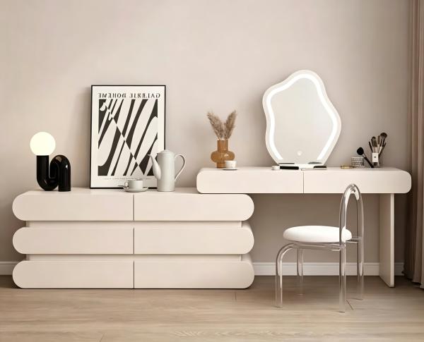 Cream Modern Extendable Makeup Vanity Desk Combo with LED Cloud Mirror