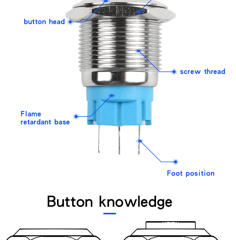 16mm Metal Push Button Switch with Silver and Black Casing Self Locking and Self Resetting Without Light High Head Flat Head