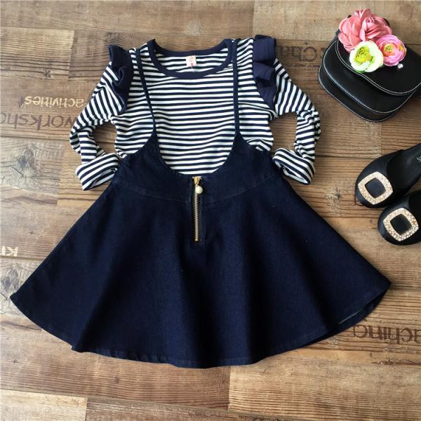2016 Fashion Girl Colorful Kid's Dress long sleeve Blue and White Stripe Dancing DressT023