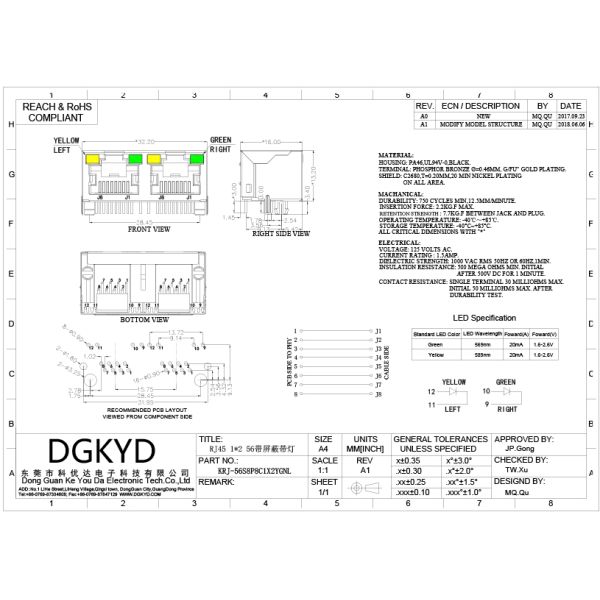Локальной сети RJ45 Джек комбинированное 100base Tx Rj 45 1 x 2 KRJ-56S8P8C1X2YGNL спаренные 2 гаван